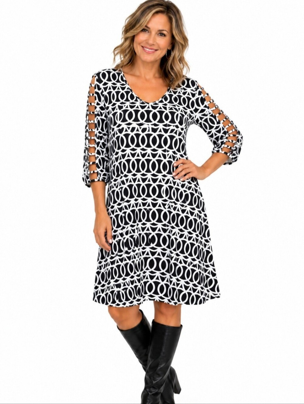Lulu-B Dress Size XL Black White Geometric Cutout Ladder Sleeve Stretch SPF 50